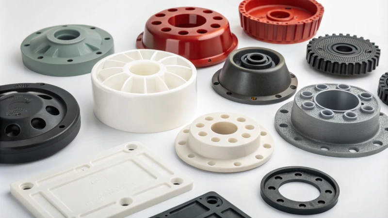 A variety of injection molded components with different finishes on a white background