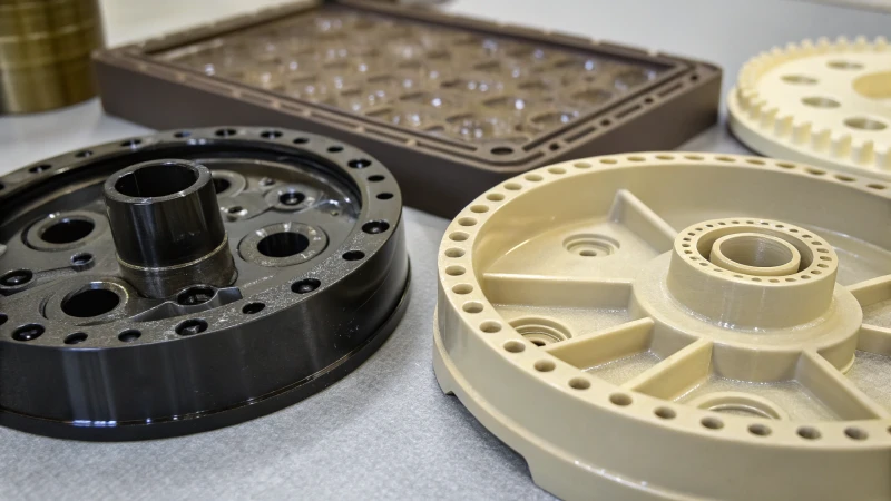 Close-up of various injection molded parts with different textures