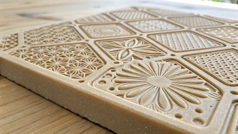 Close-up of an injection molded plastic surface with diverse textures