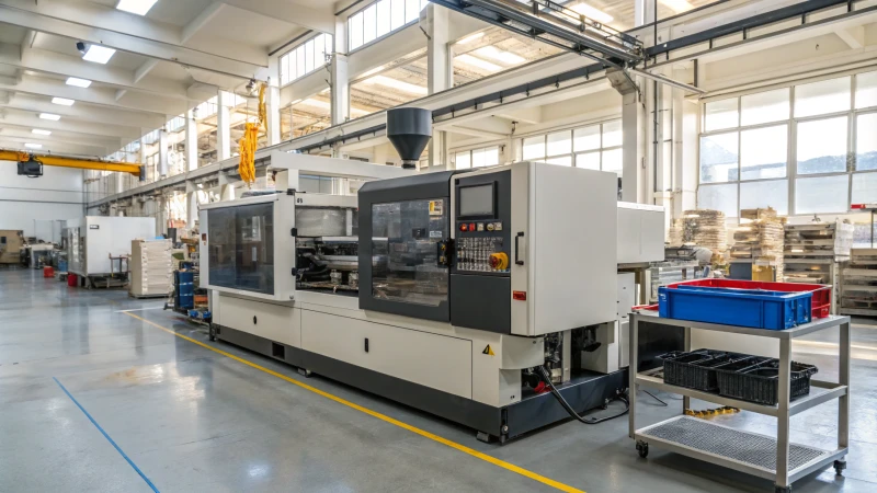 A modern injection molding machine in a factory setting.