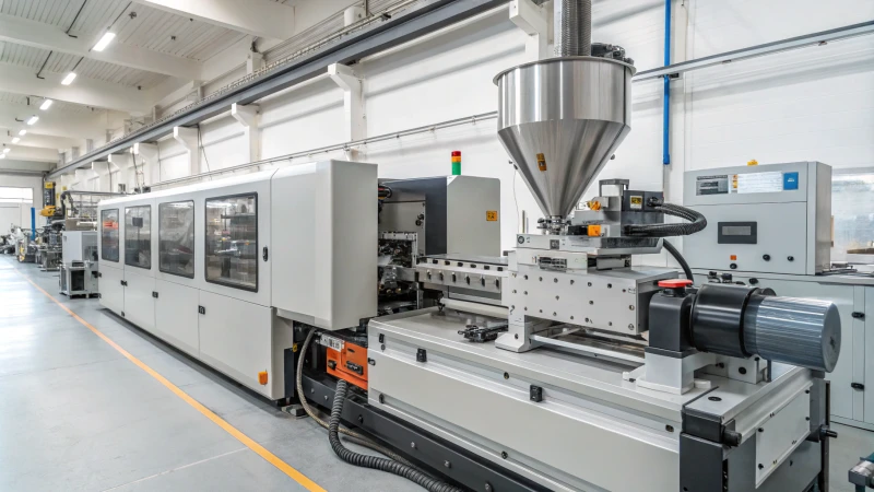 Industrial injection molding machine in a factory setting