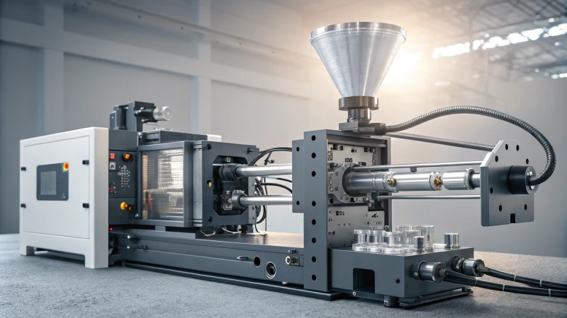 Technical illustration of an injection molding machine