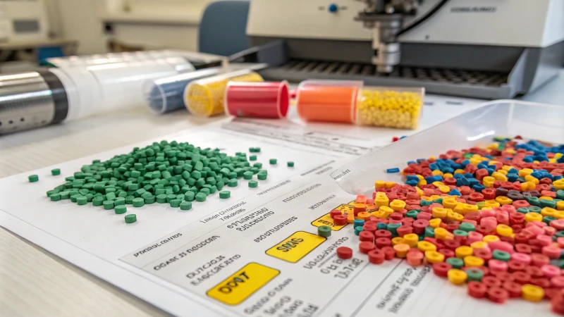 Close-up of colorful plastic pellets and sheets on a workbench with labels