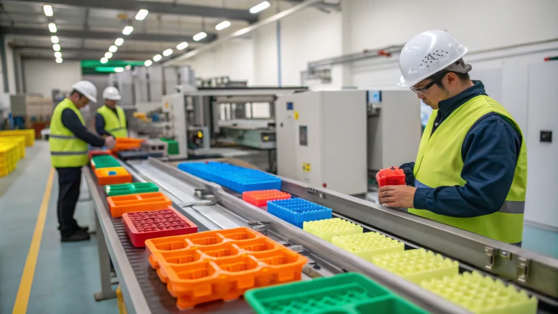 A modern injection molding workshop with workers monitoring the production line.