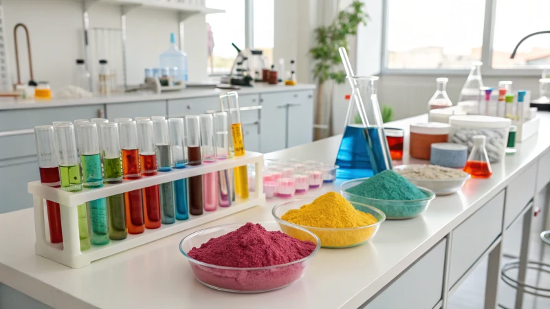 A bright and organized laboratory with colorful chemical containers and scientific instruments.