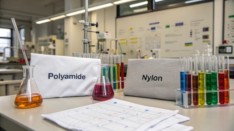 Laboratory scene with fabric samples and colorful chemicals