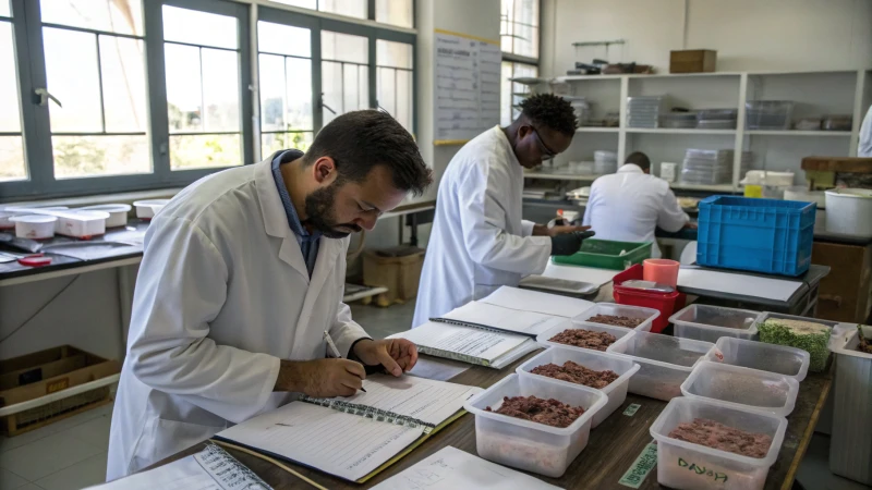 Scientists in a laboratory examining raw materials under natural light.