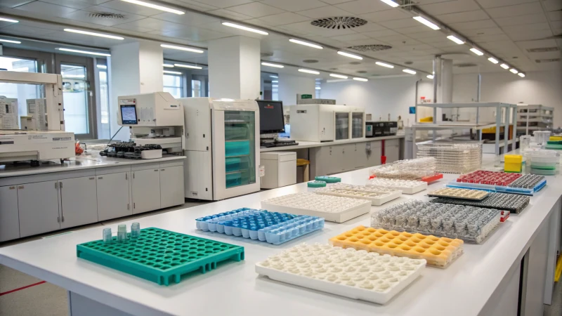 A laboratory scene with various medical device materials under sterilization tests.