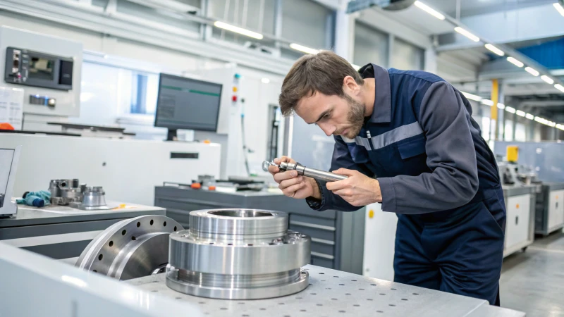 A machinist inspecting a polished metal part with a caliper in a modern workshop.