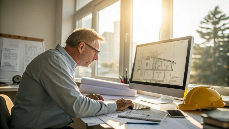 A middle-aged Caucasian engineer in an office analyzing designs on a computer
