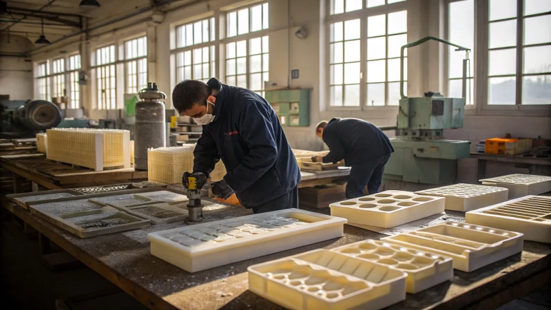 A manufacturing facility with workers and resin molds