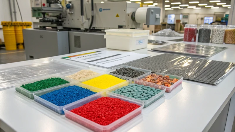 Different types of plastic materials with labels in a scientific setting