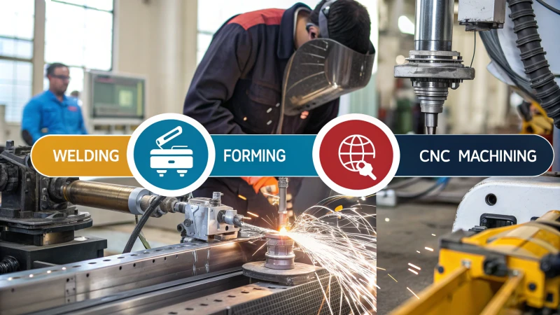 An infographic illustrating various manufacturing techniques such as welding, forming, and CNC machining with industry applications.