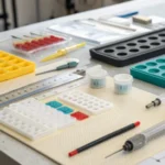 A workbench with medical-grade materials for injection molding.
