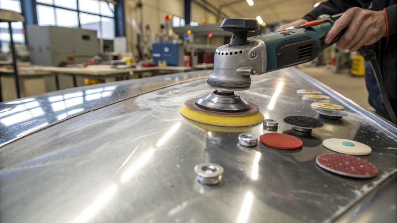 Close-up of a polished metal surface with reflections and polishing tools