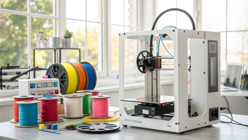 Современный 3D-принтер в действии, окруженный катушками нити и инструментами.