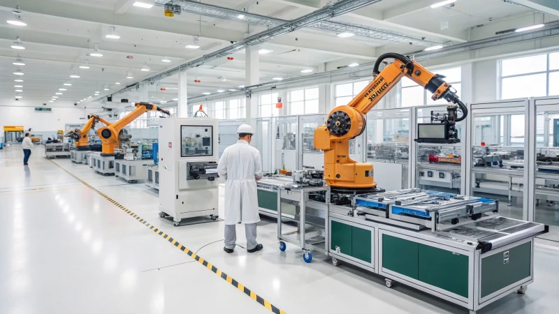 A modern automated factory with robotic arms and workers overseeing operations