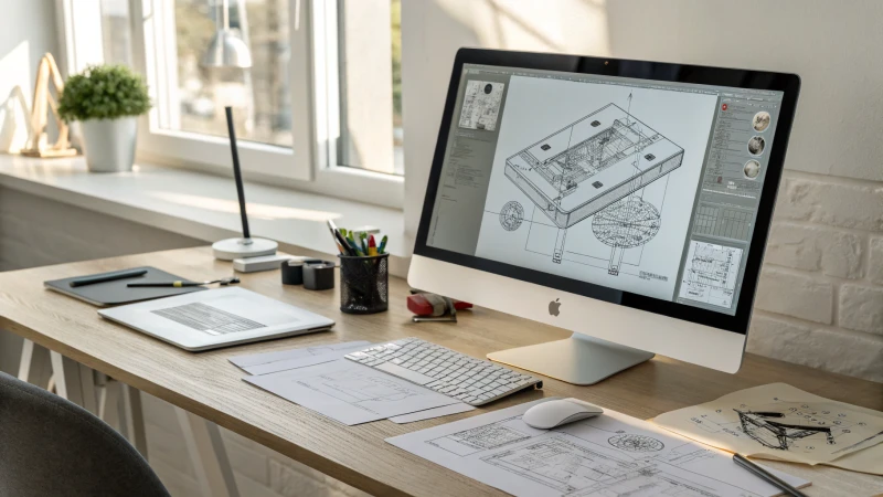 A modern workstation with a large monitor displaying a 3D CAD model