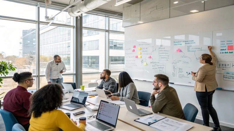 A diverse group of professionals in a modern conference room discussing automation.