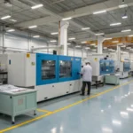 A modern factory with a high-tech injection molding machine and workers inspecting products.