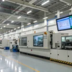 A modern factory interior with an injection molding machine in action