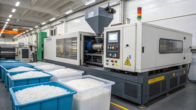 Industrial injection molding machine in operation