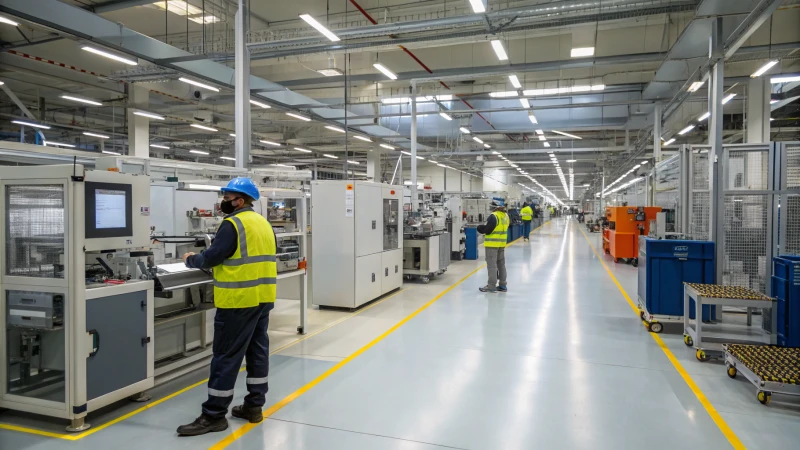 Workers in safety gear operating machines in a modern industrial facility