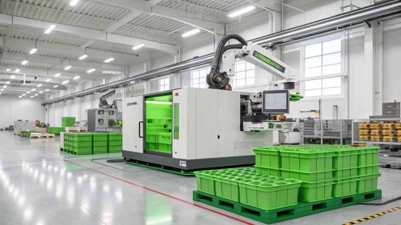 High-tech injection molding machine in a clean, organized workspace