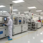 A modern injection molding facility with organized machinery and a technician in protective gear.