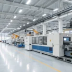 A modern injection molding factory with advanced machinery and robotic arms in action.