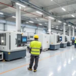 A modern injection molding factory floor with machines and workers