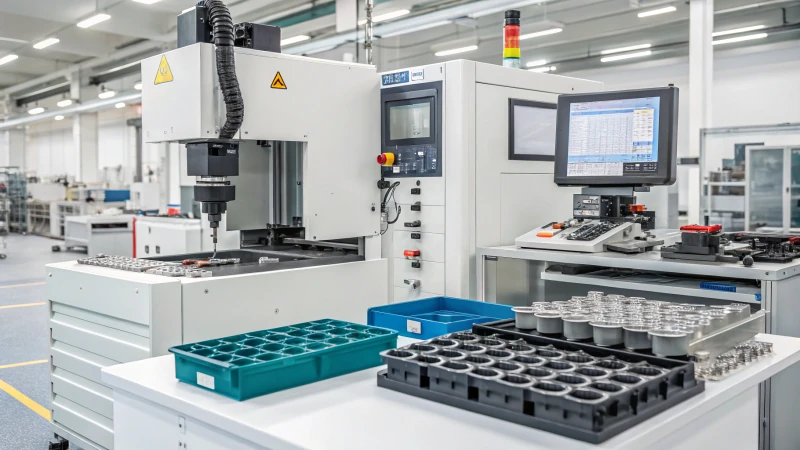 High-tech injection molding machine in a clean factory environment.