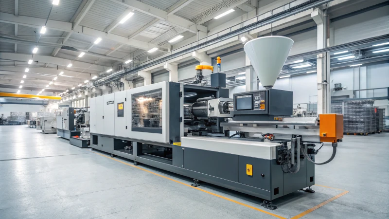 A modern injection molding machine in an industrial setting.