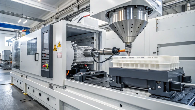 A modern injection molding machine in operation with side actions