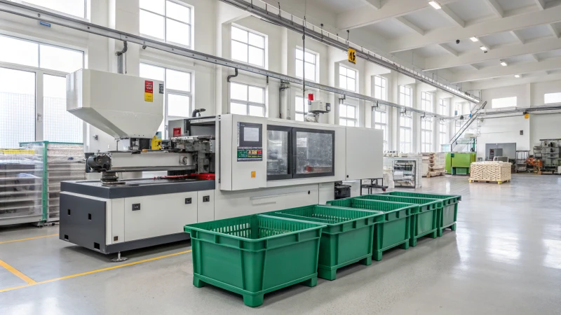 A high-tech injection molding machine in a factory with technicians analyzing production.