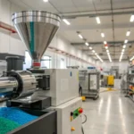 A modern injection molding machine in a factory setting.