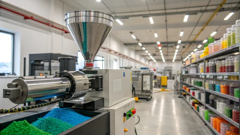 A modern injection molding machine in a factory setting.
