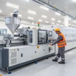 A modern injection molding machine in a clean manufacturing facility with a technician adjusting the control panel.