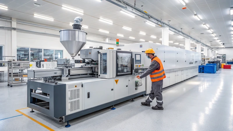 A modern injection molding machine in a clean manufacturing facility with a technician adjusting the control panel.