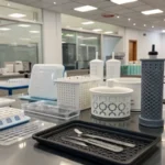 A modern laboratory with injection molded products on a sleek countertop.