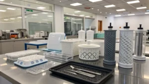 A modern laboratory with injection molded products on a sleek countertop.