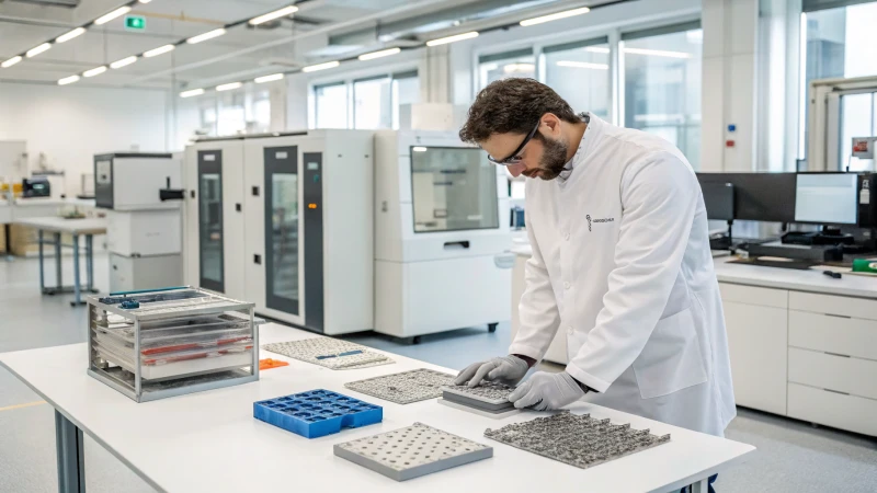 A medical professional examining biocompatible materials in a laboratory