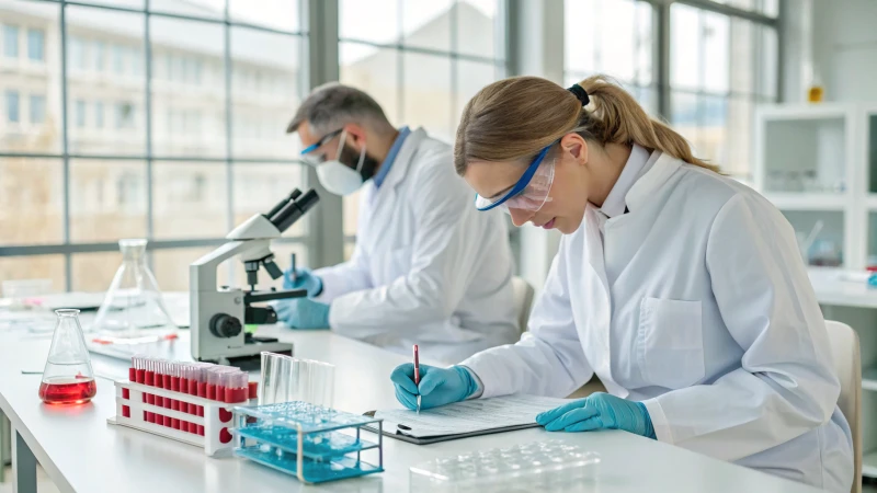Researchers in a modern laboratory analyzing antimicrobial plastics
