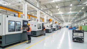 Modern manufacturing facility with extrusion and injection molding machines