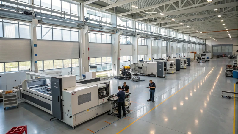 Modern manufacturing facility with workers and advanced machinery