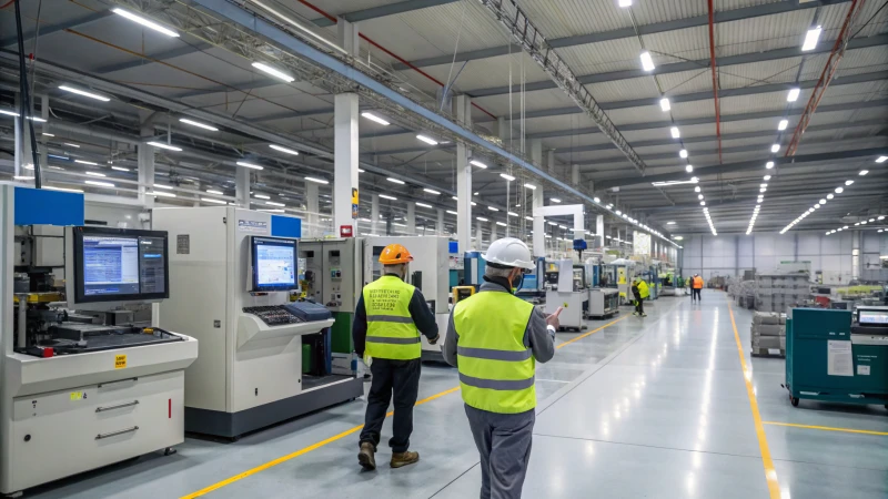 A modern manufacturing facility with advanced machinery and workers in safety gear