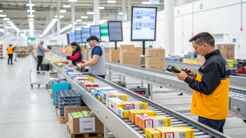 A modern manufacturing facility with a conveyor belt and workers scanning products.