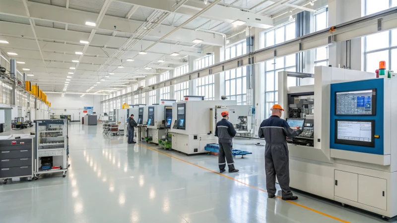 Interior of a modern manufacturing facility with advanced machinery