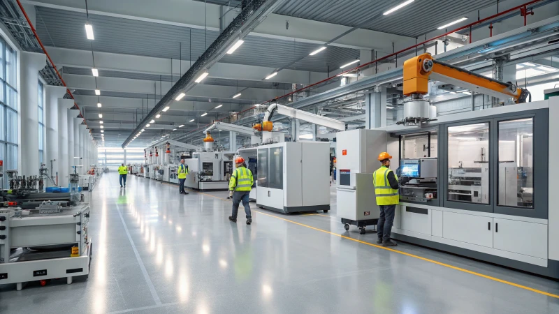 A modern manufacturing facility with advanced machinery and workers in safety gear.