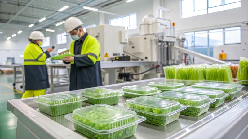 A modern manufacturing facility for biodegradable plastics with workers and advanced machinery